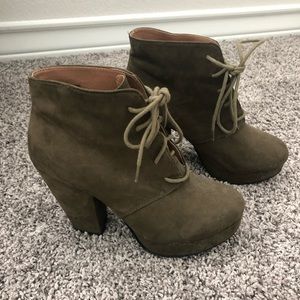 Green suede booties w/ thick heel and lace front
